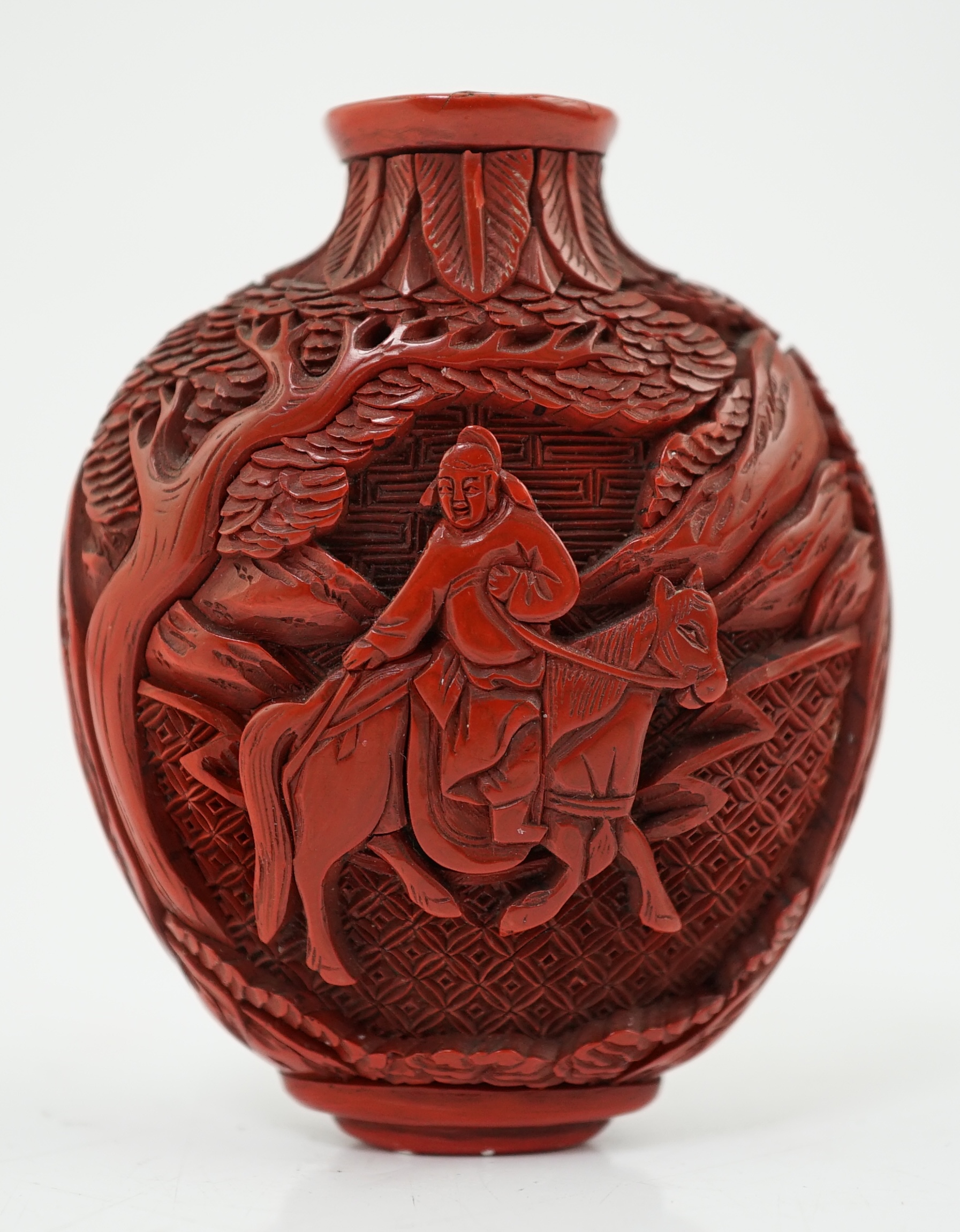 A Chinese cinnabar lacquer snuff bottle, 19th century, minor damage